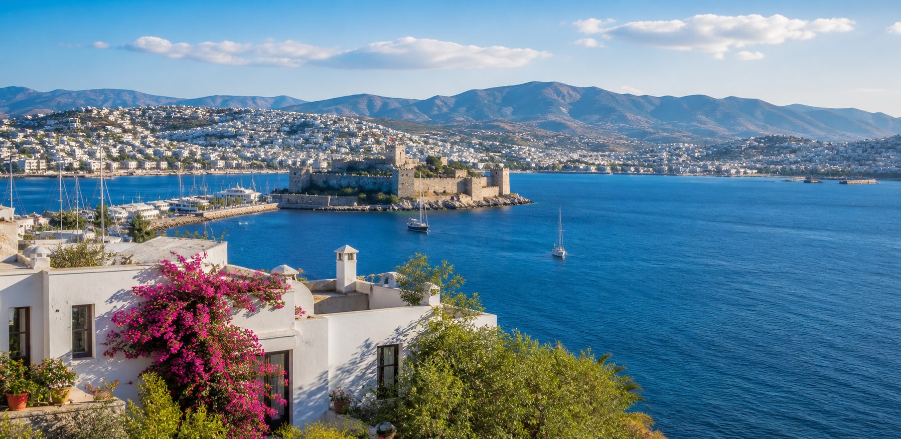 Bodrum Kalesi, marina ve beyaz Bodrum evlerinin panoramik görünümü